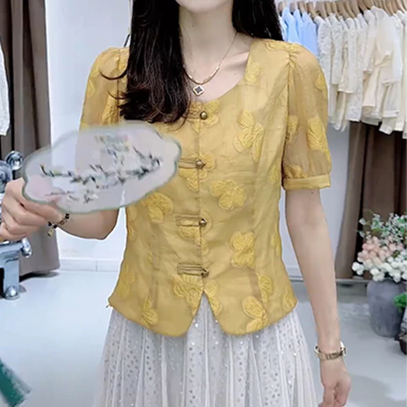 2025夏季新款复古气质盘扣短袖衬衫女士高级感减龄洋气新中式上衣
