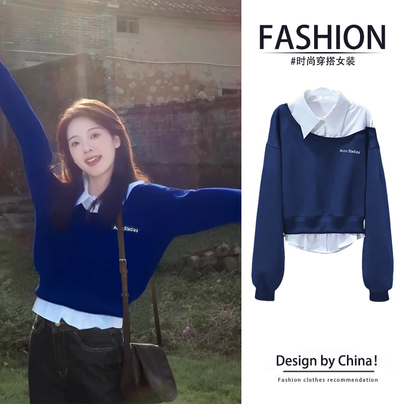 韩系新款休闲大码蓝色上衣女2025春季假两件拼接Polo领长袖衬衣潮