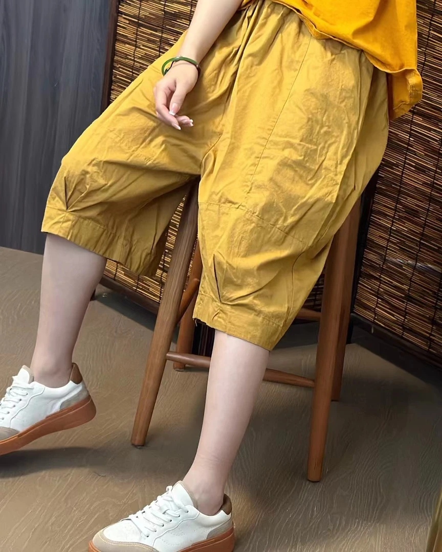 8189夏季棉料拼接水洗宽松显瘦七分休闲裤