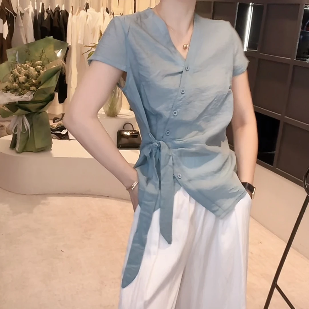 V领设计感时尚百搭短袖显瘦上衣女2025夏季新款小众气质通勤上衣