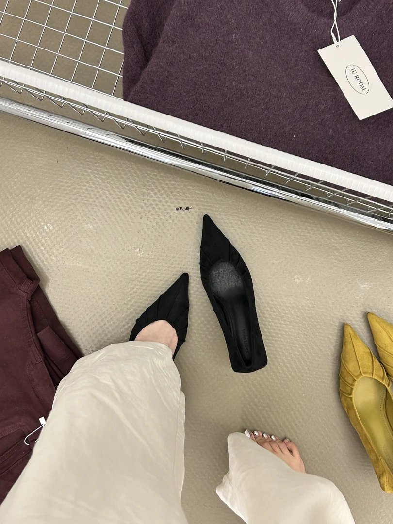 尖头通勤2025秋季韩版法式高跟单鞋猫跟褶皱气质跟鞋夏季细跟