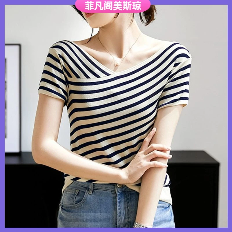 I冰丝条纹短袖T恤女夏季2025年宽松显瘦v领针织衫薄款洋气上衣l