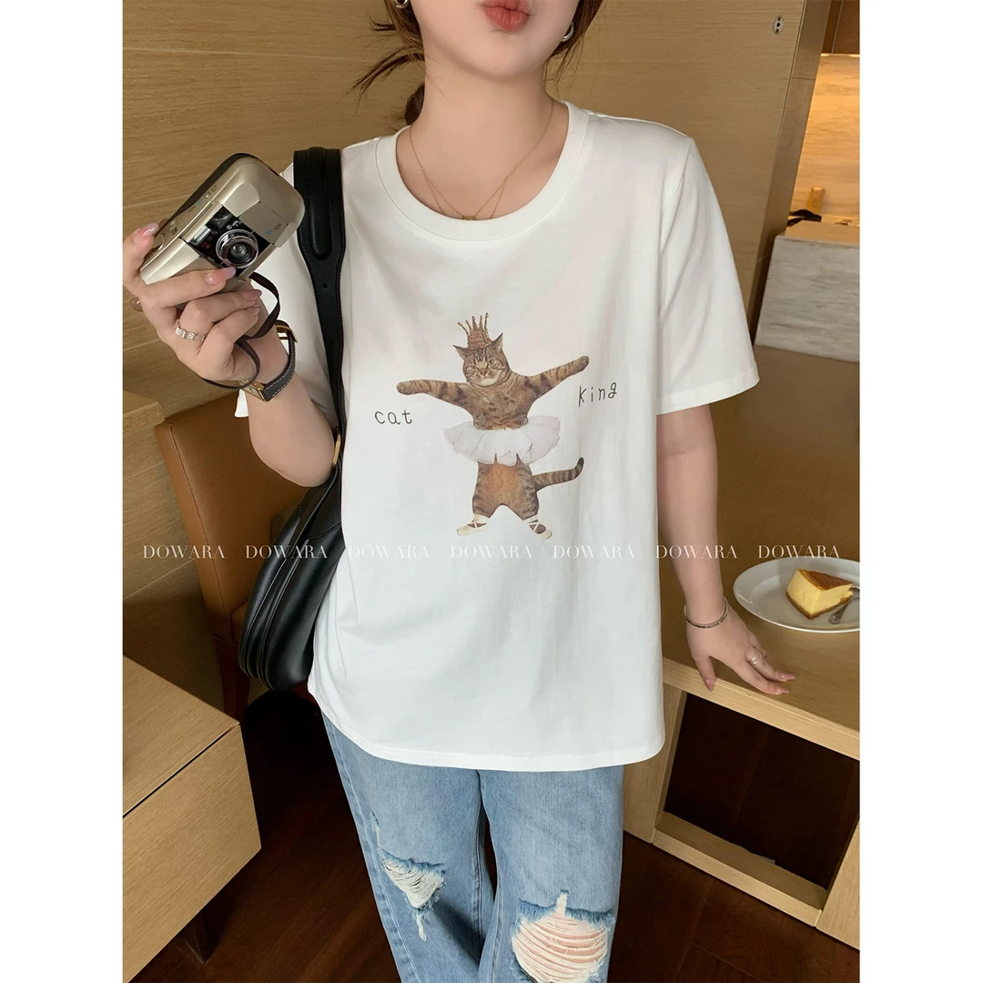 现货大婉酱微胖定制【跳舞猫】趣味印花短袖女夏季宽松正肩T恤8192D