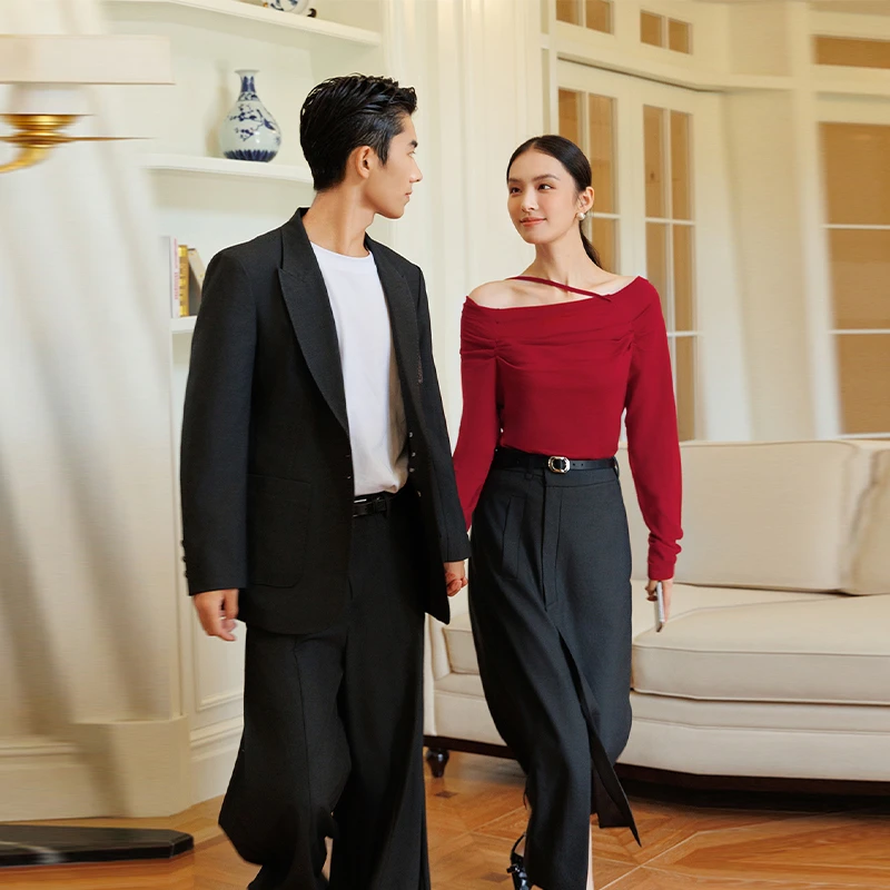 【良月】绵羊毛设计感复古红长袖上衣2025春季七号铺专柜品牌女装