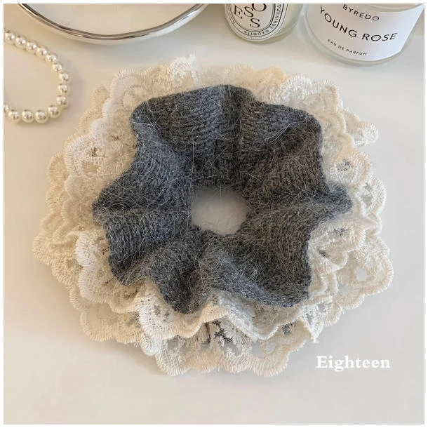 韩系灰色兔毛蕾丝针织大肠发圈女慵懒风扎头发超大号发饰头绳秋冬