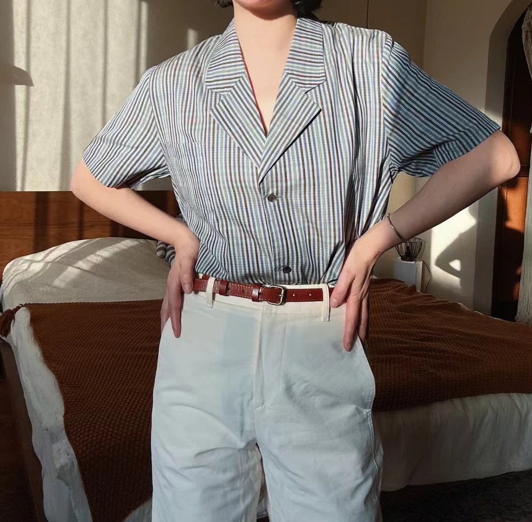 95新 BURBERRY/博柏利 博柏利/蓝白条纹衬衫短袖