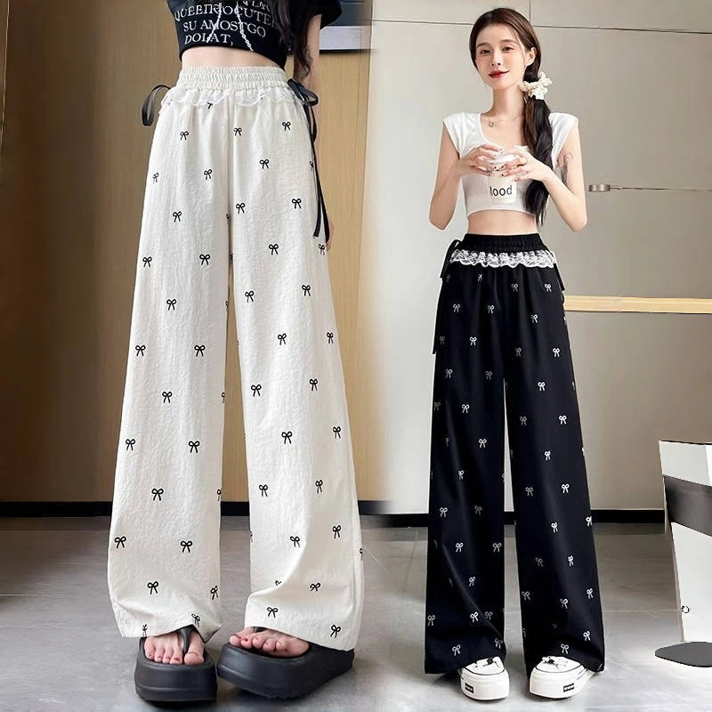 蕾丝      蝴蝶结抽阔腿裤女宽松直筒休闲拖地长裤