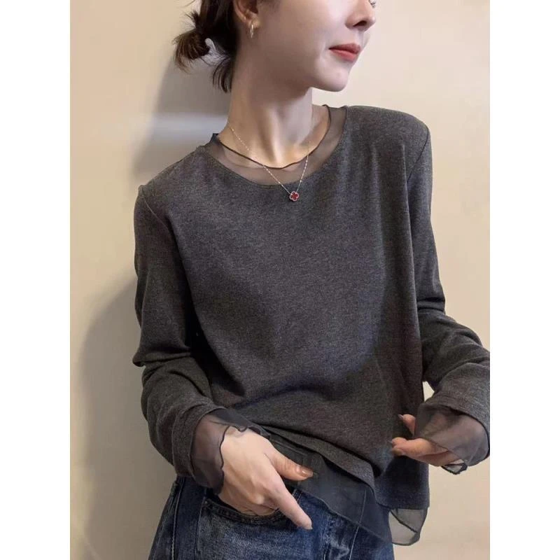 2025秋季韩版圆领领口下摆网纱拼接设计小众长袖打底衫T恤上衣