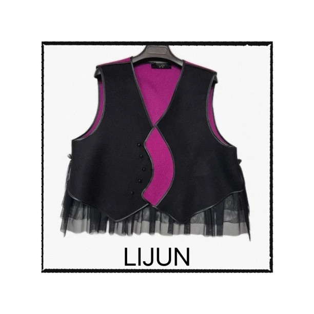 篱君1996秋冬新款中式唐装提花国风马甲复古双层拼纱荷叶边下摆女