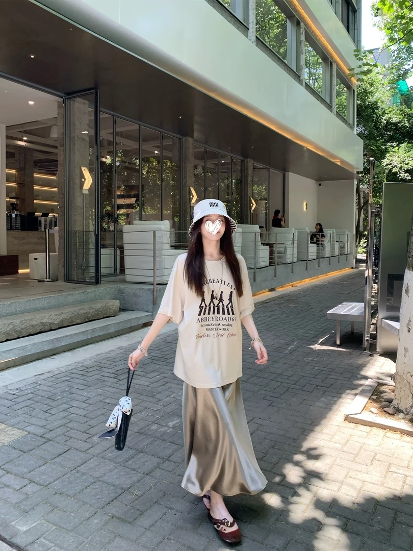 美式印花宽松T恤+香槟鱼尾半裙 6636#