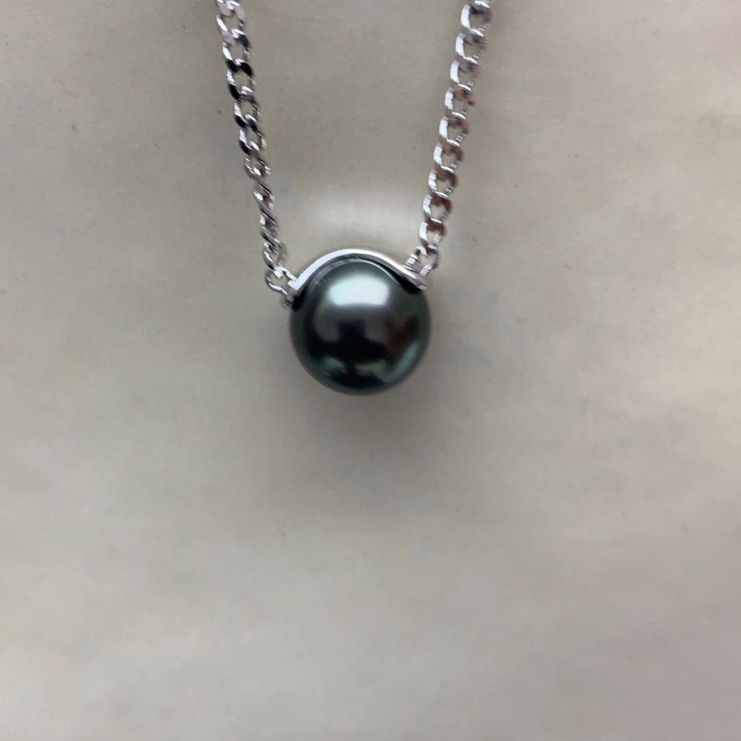 海水珍珠颈饰银S925镶嵌11-12大溪地孔雀绿吊坠