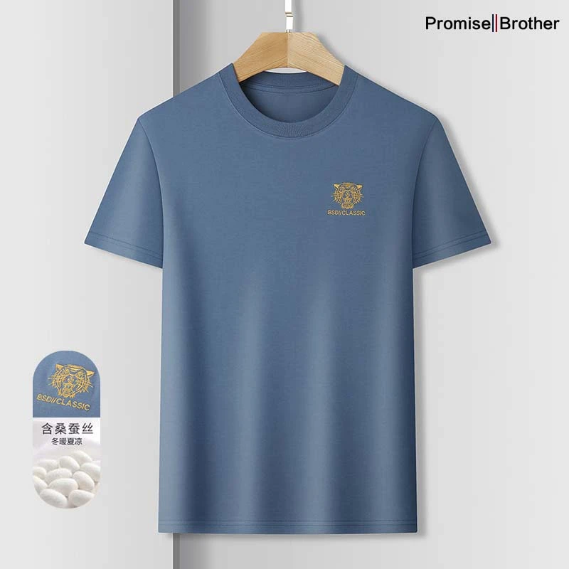 含桑蚕丝棉休闲圆领半袖T恤上衣男士夏季丝光棉简约风高级感男装