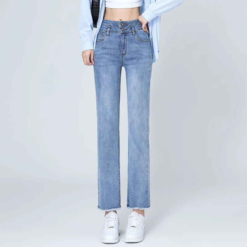 浅蓝色高腰直筒牛仔裤女九分裤秋季2025新款显瘦弹力双排扣烟管裤