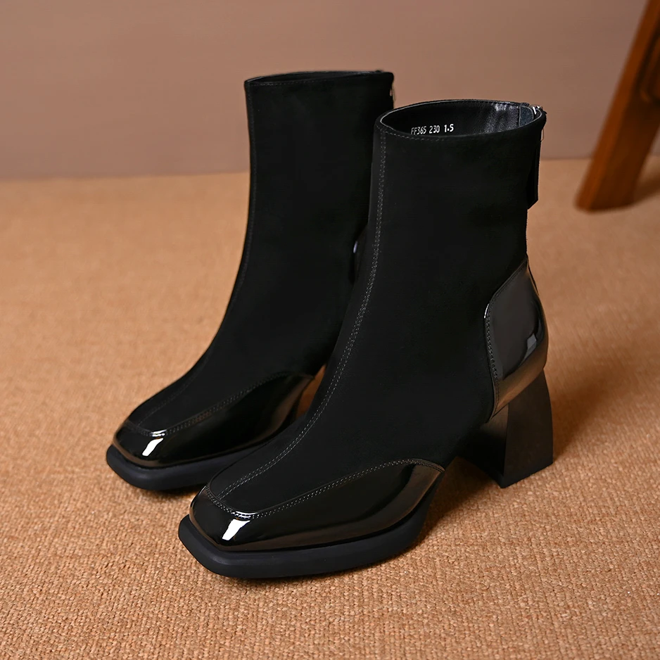 真皮羊皮气质方头高跟瘦瘦靴子2025秋冬新款绒面粗跟后拉链短靴女