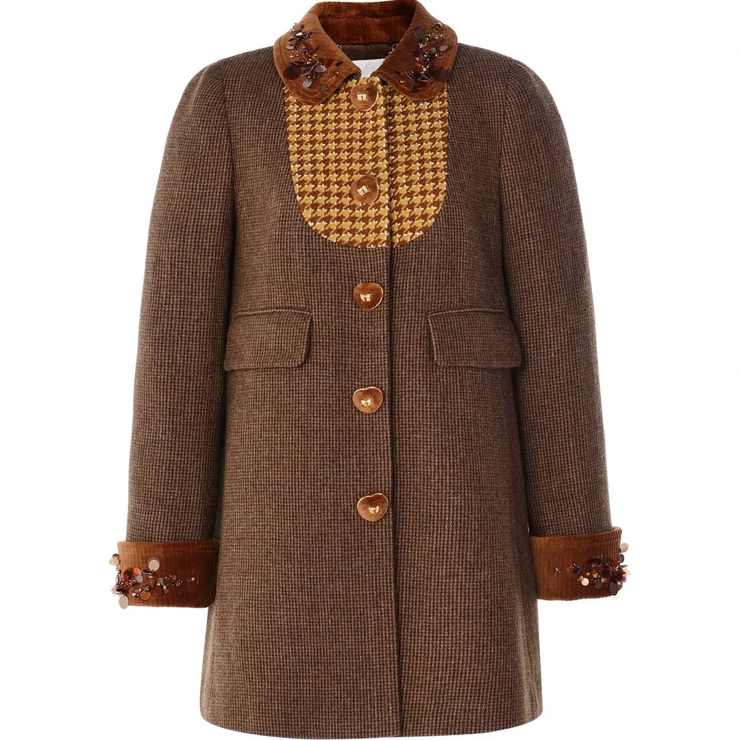 复古摩登经典时尚撞色千鸟格咖色羊毛呢高级感外套25秋冬新