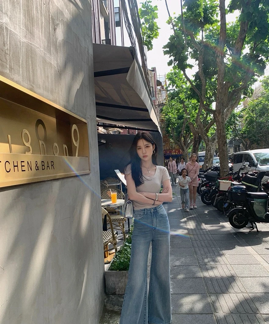 27626欧货高货显瘦弹力怀旧色显瘦直筒喇叭裤5565