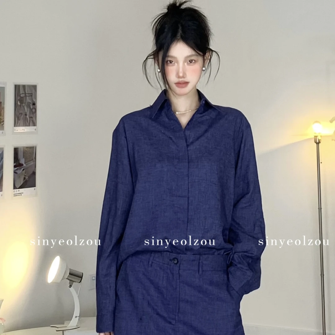 sinyeolzou 牛仔蓝高级亚麻衬衫 #8001