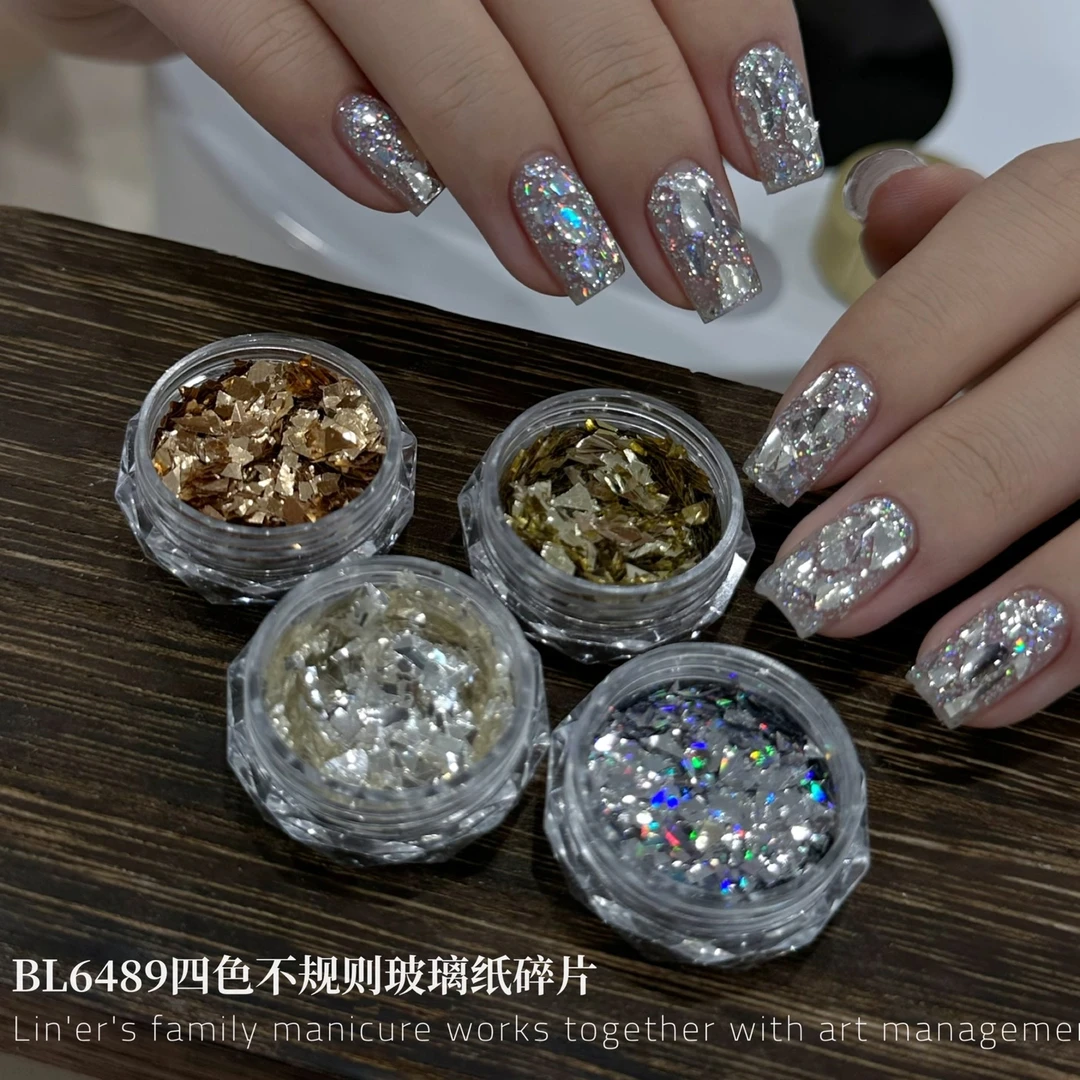BL6489不规则玻璃纸碎片四色香槟镭射银超闪指甲装饰亮片