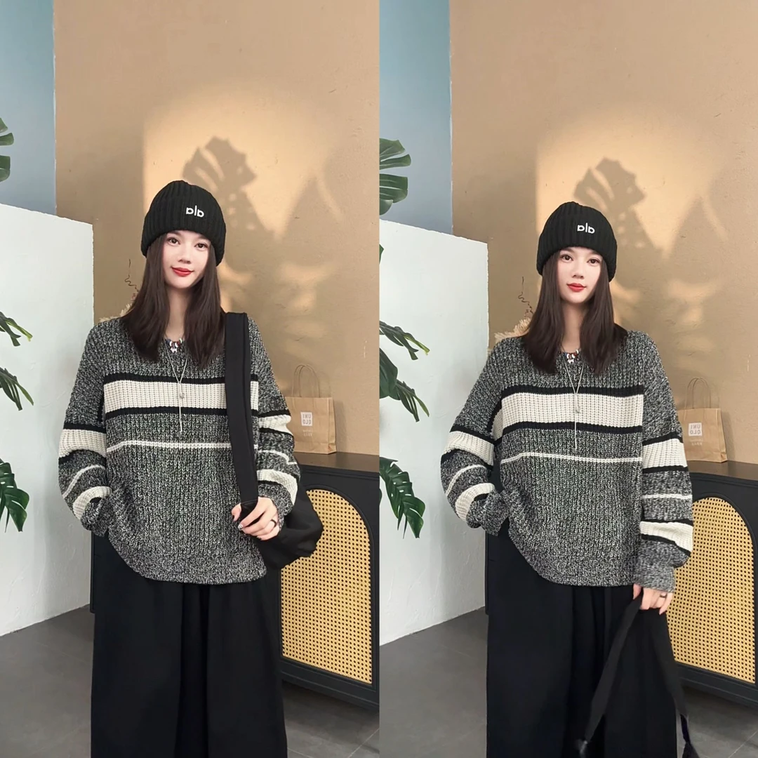 【SI MO】6138秋季新款休闲百搭混织宽条撞色圆领毛衣