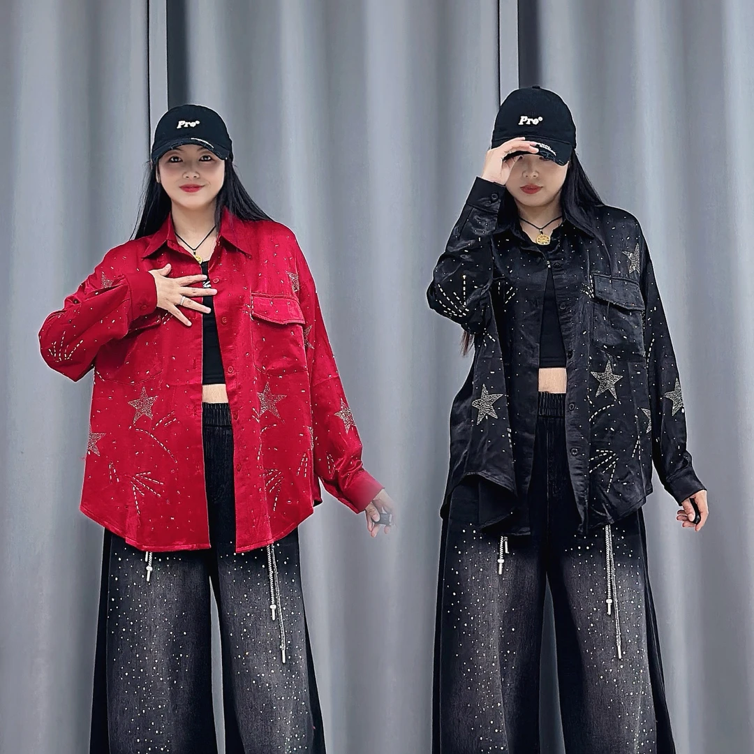 重工烫钻爆闪时尚宽松拼接印花休闲衬衫洋气长袖上衣9061