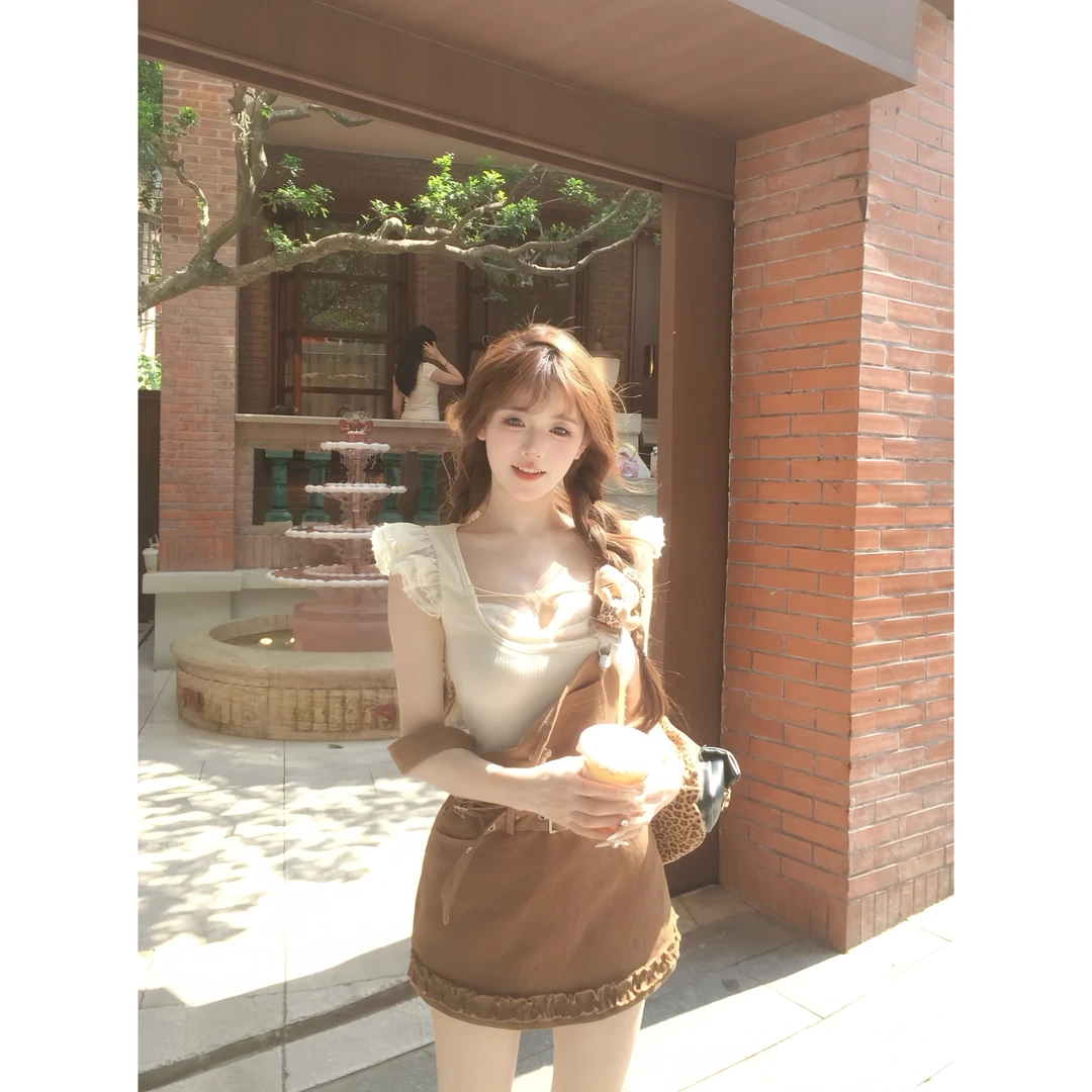 甜心软芙 夏季甜美风纯欲洋气可爱出游休闲小众背心背带裤两件套