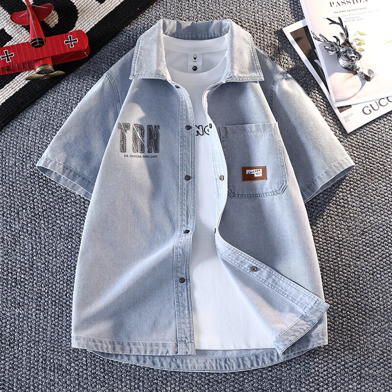 男士短袖牛仔衬衫夏季学生宽松纯色休闲潮流百搭半袖衬衣外套时尚