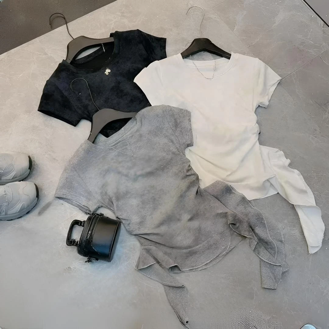 美式辣妹短袖t恤女夏2025新款圆领修身显瘦小衫不规则洋气上衣