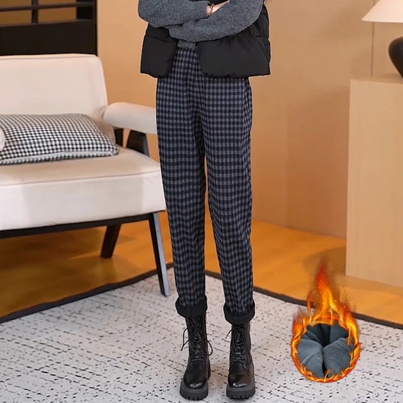 加绒加厚冬季格子裤2024新款毛呢休闲萝卜裤子显瘦遮肉小脚哈伦裤