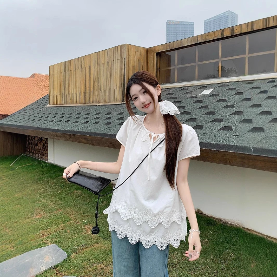 法式设计感系带泡泡袖衬衫女夏季花边宽松娃娃衫白色短袖恤上衣