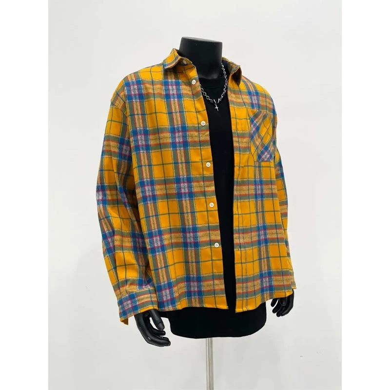 cleanfit黄色格子长袖衬衫男春秋设计感美式复古宽松情侣潮牌外套