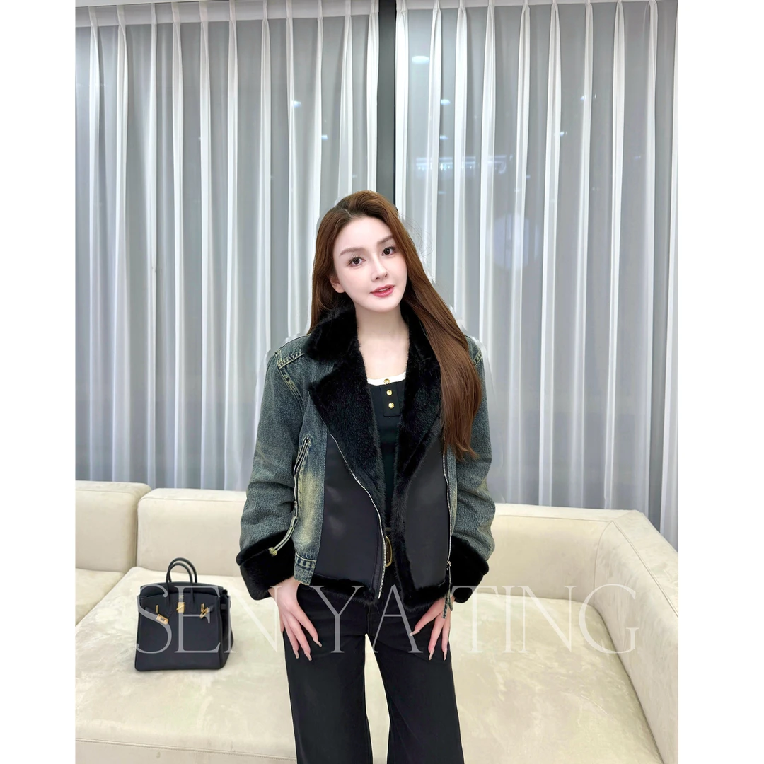 森雅婷【500品质】(黑胶唱片) 牛仔羽绒厚翻领短款外套