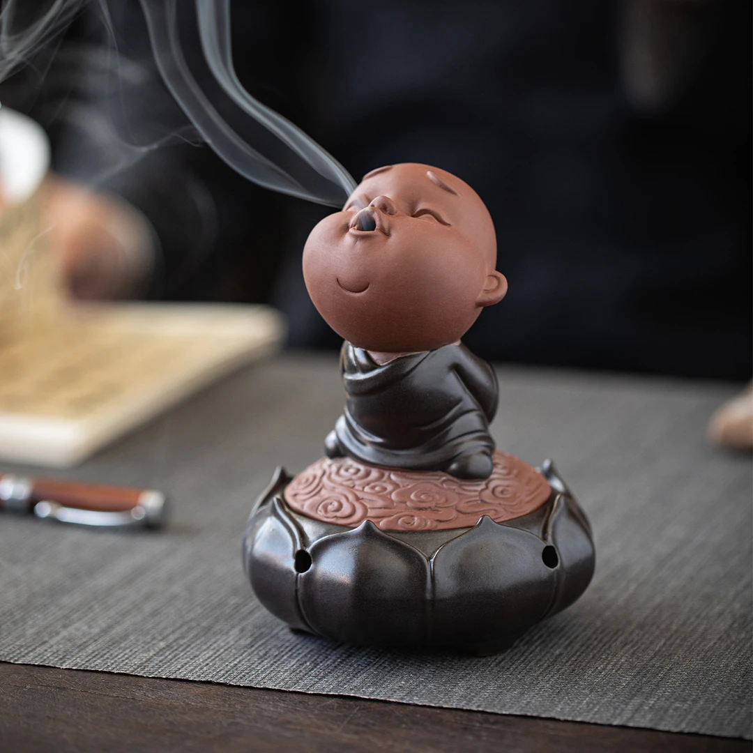 禅意陶瓷可爱小和尚莲花盘香炉家用室内茶室趣味小沙弥香薰炉摆设