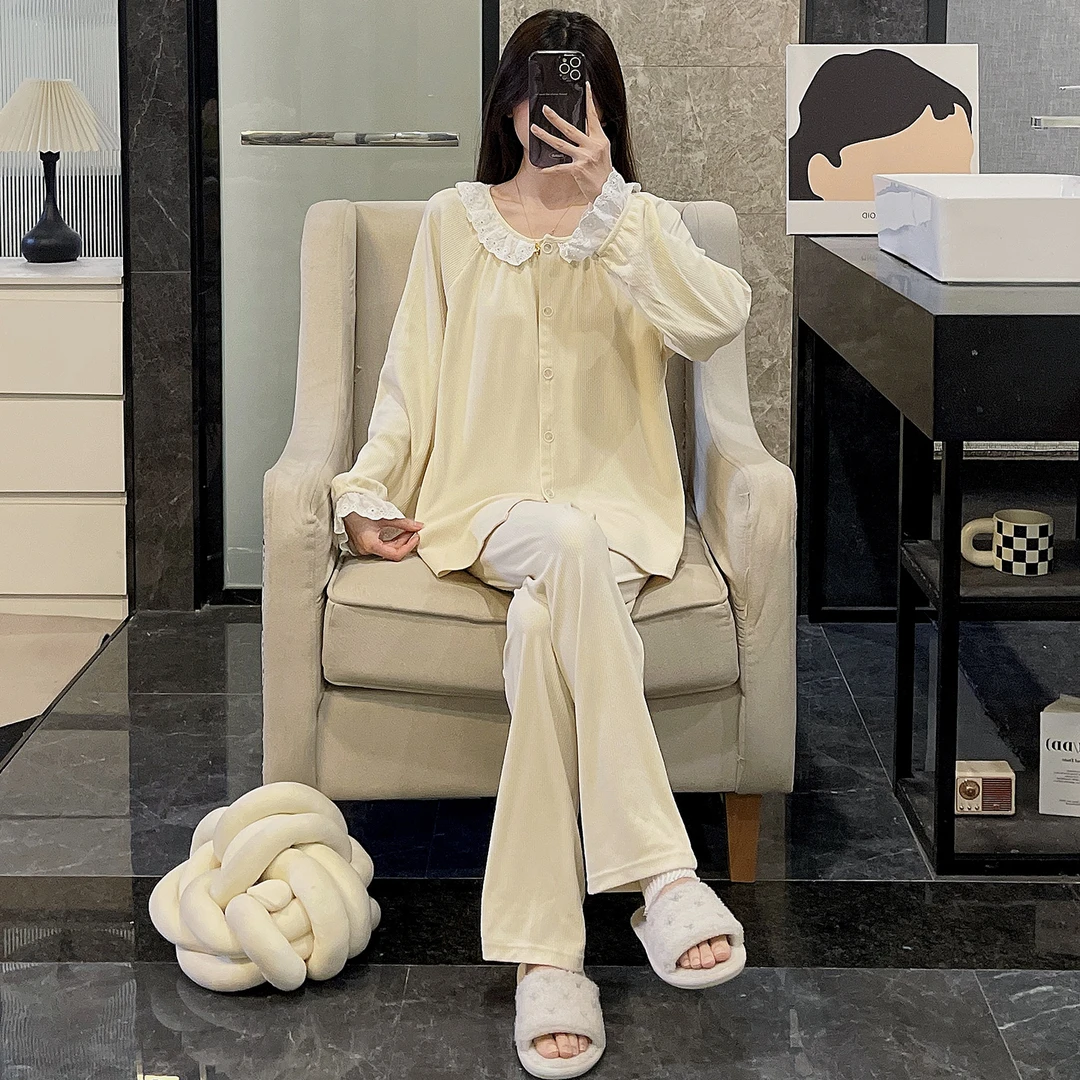 睡衣女新款秋冬季加厚珊瑚绒杏色保暖长袖开衫纯色舒适家居服套装