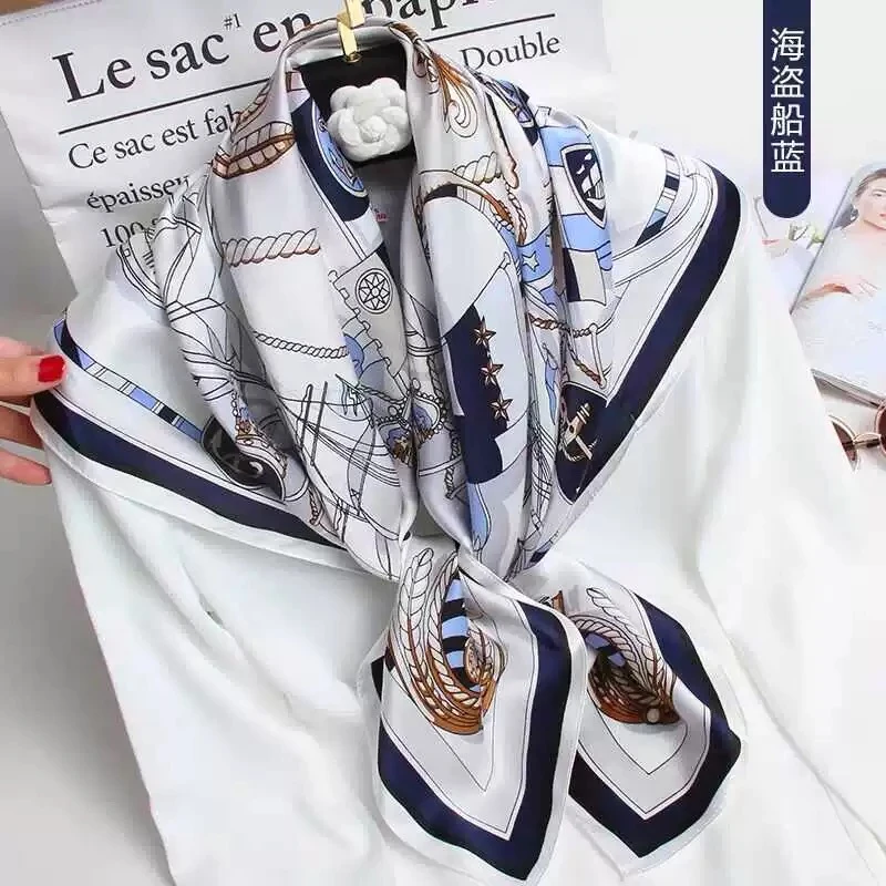 2024新款真丝100%桑蚕丝妈妈大方巾礼盒送长辈海盗船蓝