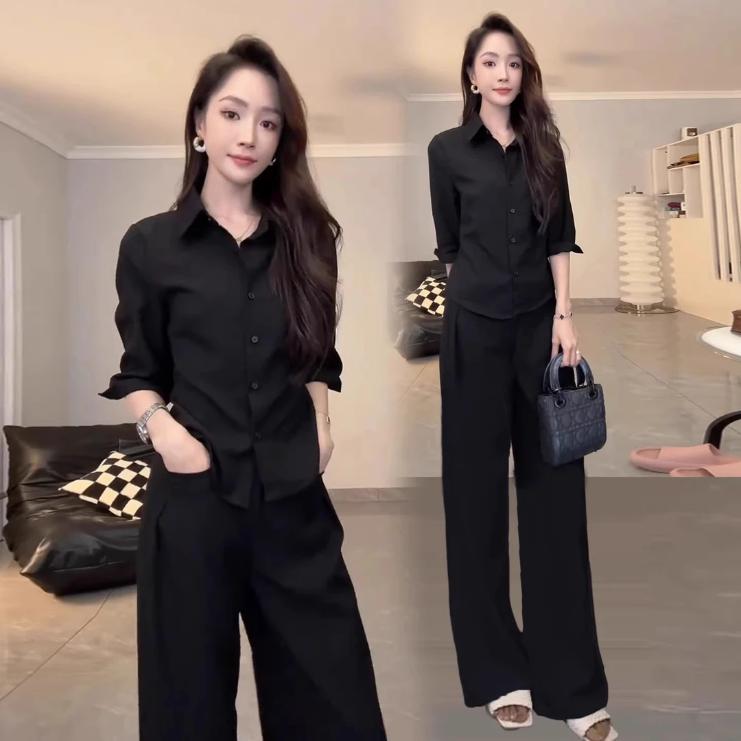 时尚套装女2025秋季新款洋气老钱风长袖衬衫休闲显瘦阔腿裤两件套