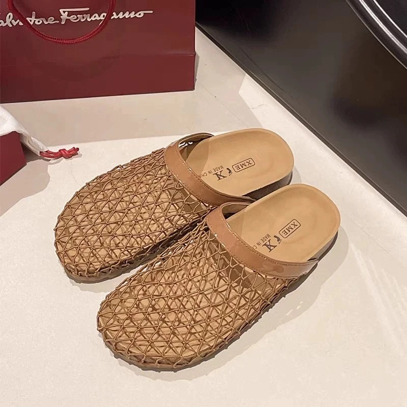 9901网纱勃肯鞋包头半拖鞋女夏外穿2025新款渔网鞋一脚蹬罗马凉拖