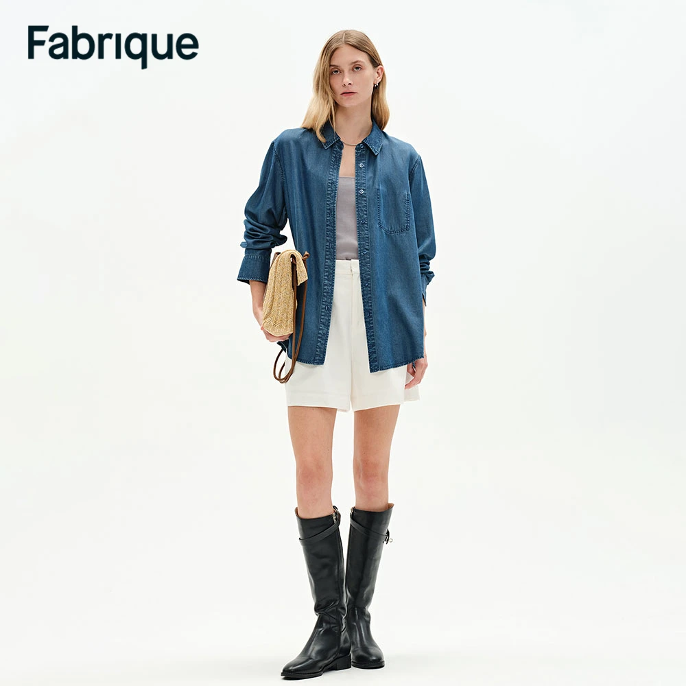 Fabrique Willo 早春新款复古深蓝莱赛尔宽松怀旧水洗单宁风衬衫