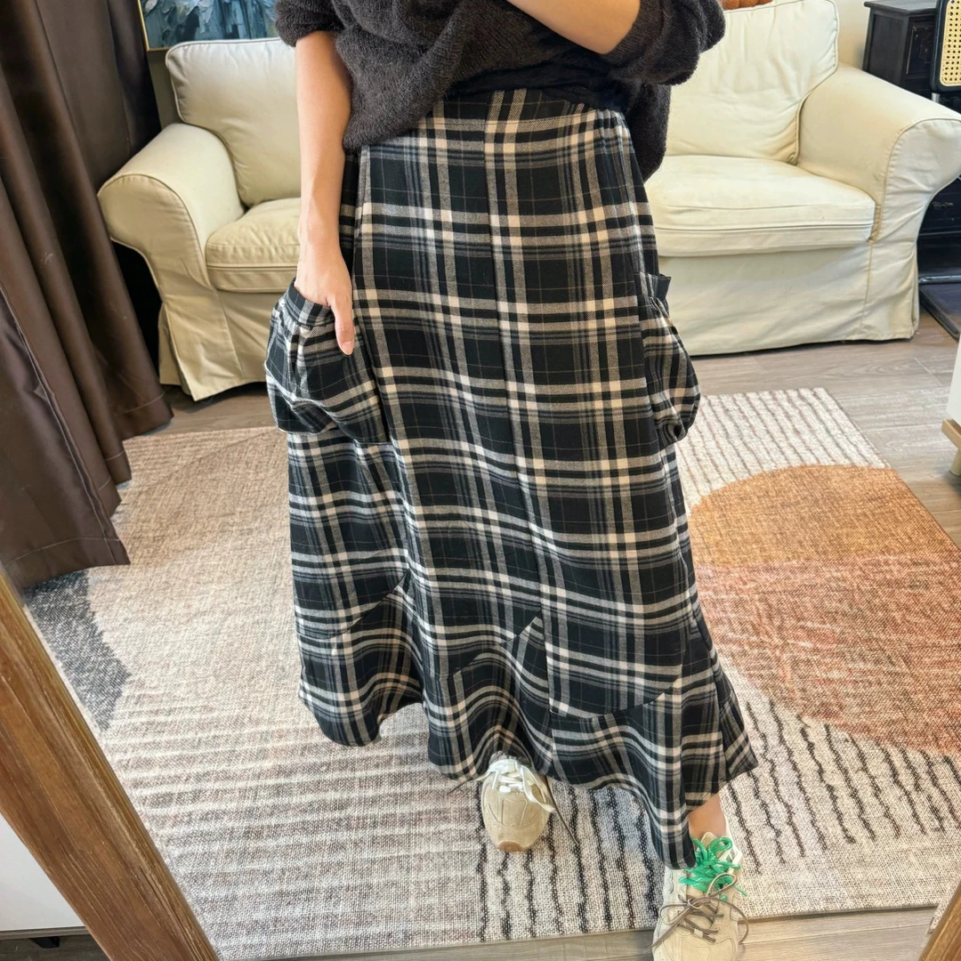 好穿超百搭格子裙！韩国代购松紧腰复古松紧腰荷叶边中长款半身裙