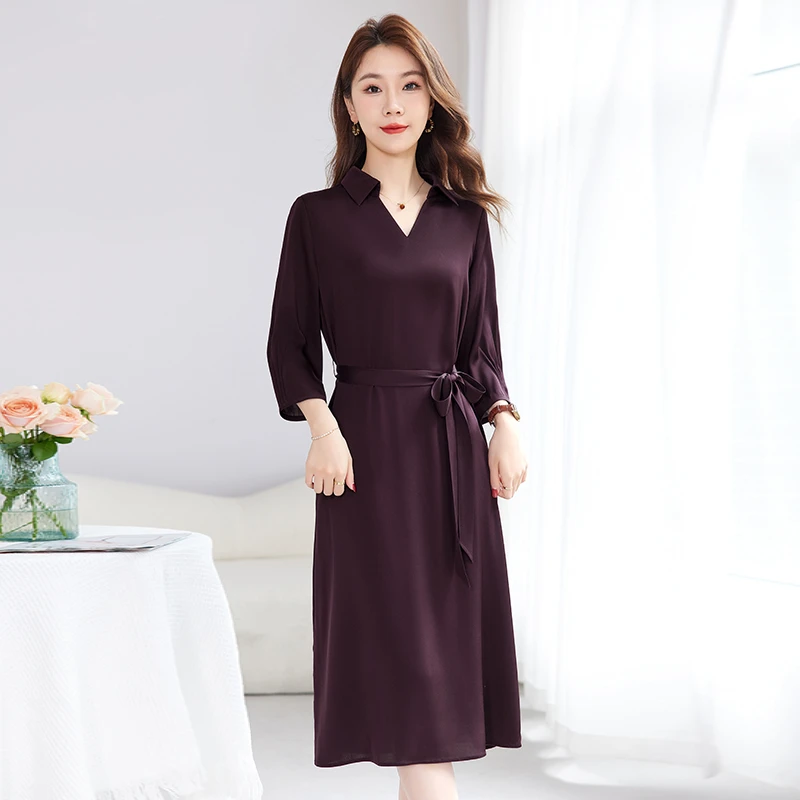 轻奢真丝弹力双乔连衣裙女2025夏季气质V领设计感修身显瘦桑蚕丝