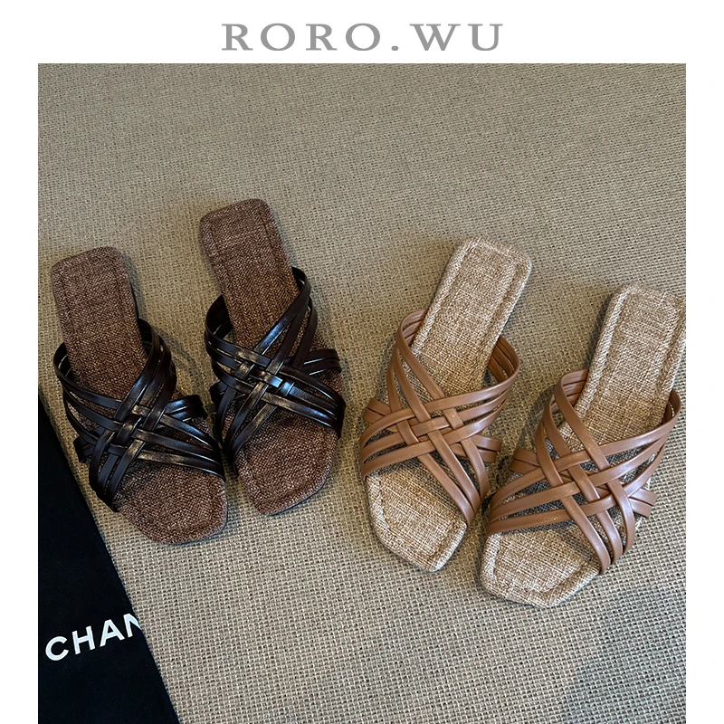 娆娆吴·夏季简约露趾懒人外出复古低跟帆布垫脚拖鞋T297