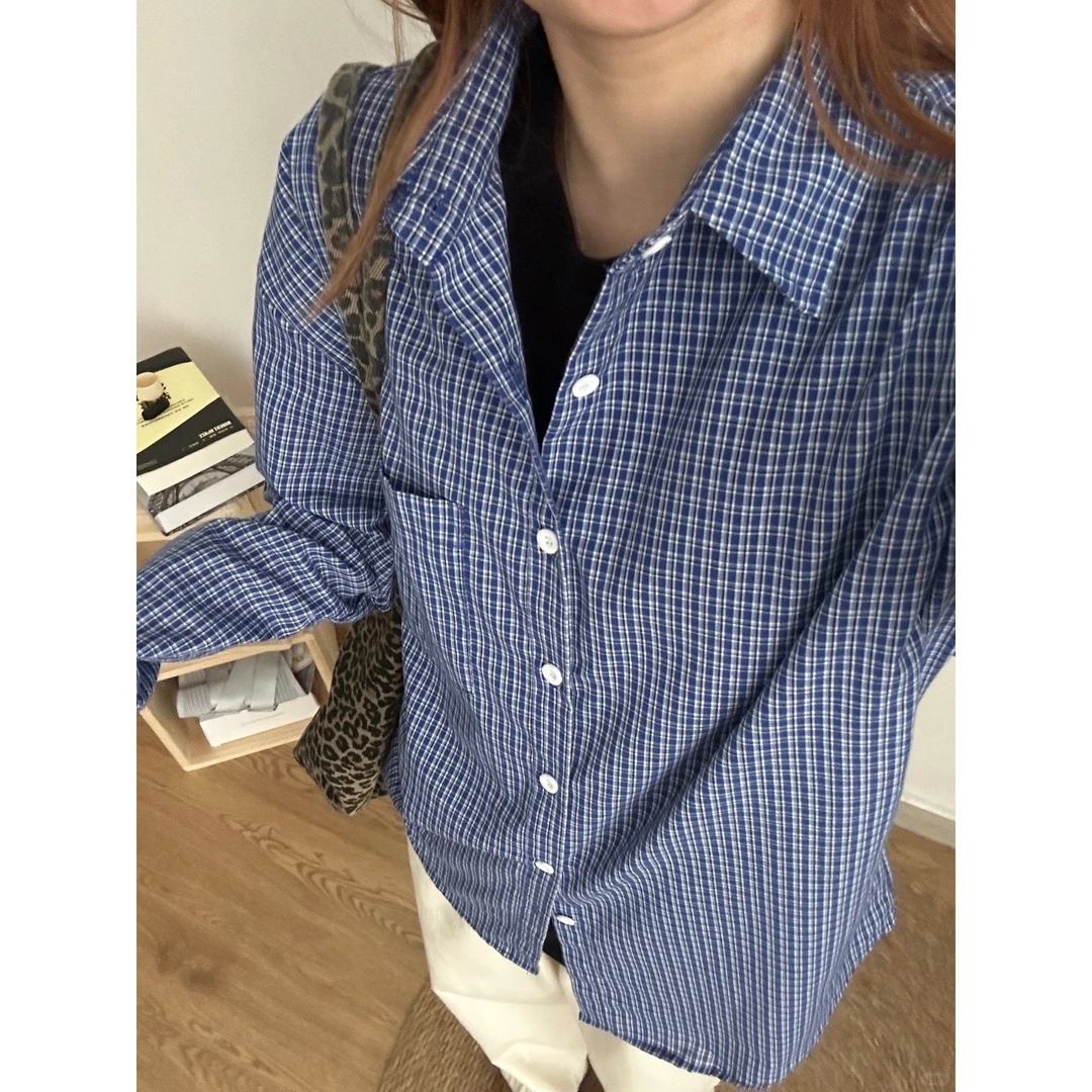 美式高街蓝色格子长袖衬衫设计感高级翻领衬衣男cleanfit休闲上衣