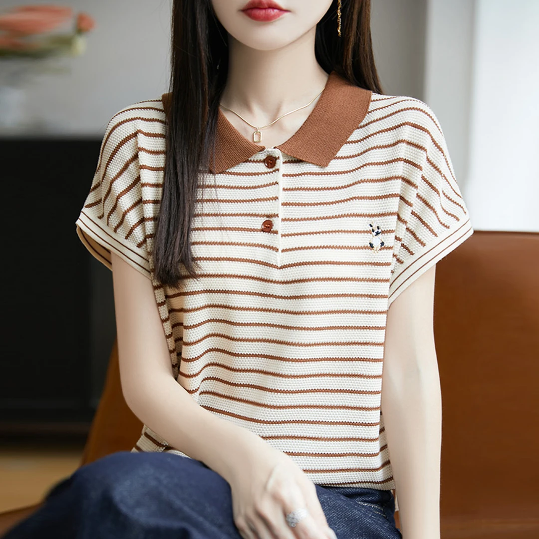 胖mm夏装大码冰丝针织衫女士条纹短袖t恤遮肚子巨显瘦polo领上衣