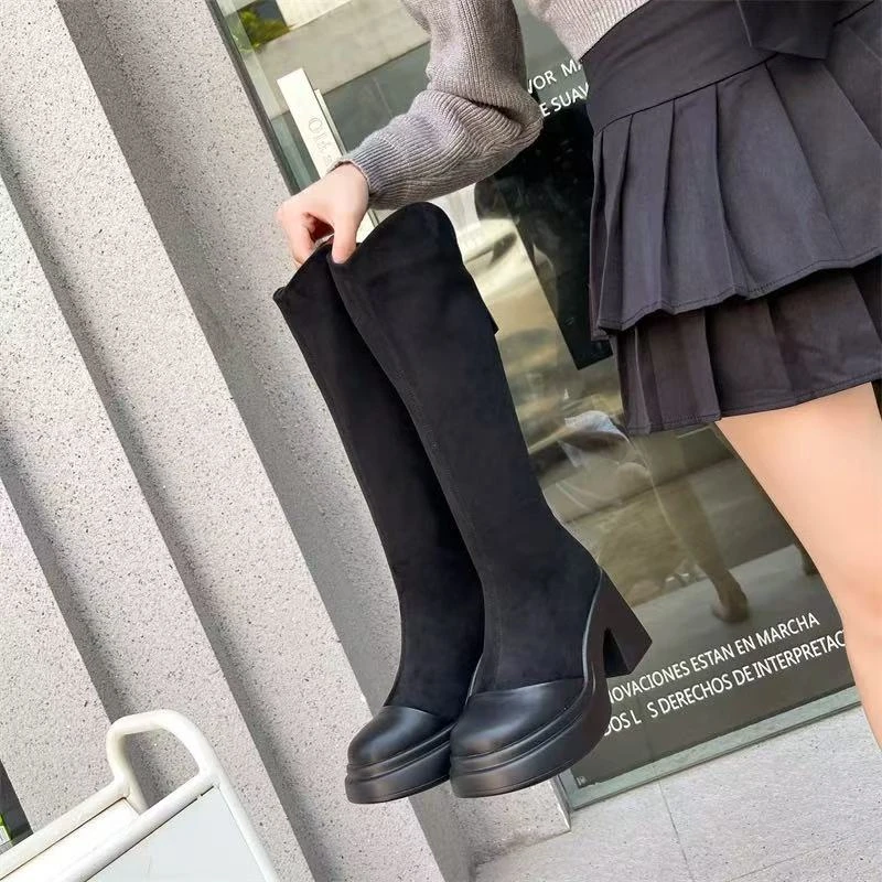 W6352-5高跟长靴女冬季2025新款不过膝弹力靴黑色骑士靴厚底