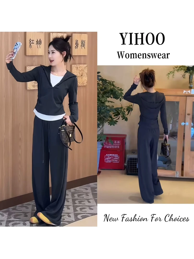 休闲运动套装女2025秋季新款气质显瘦连帽T恤+阔腿长裤时尚巨好看