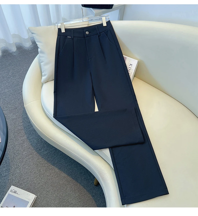 藏青色窄版阔腿裤女2025春秋新款高腰显瘦小个子休闲裤大码直筒裤