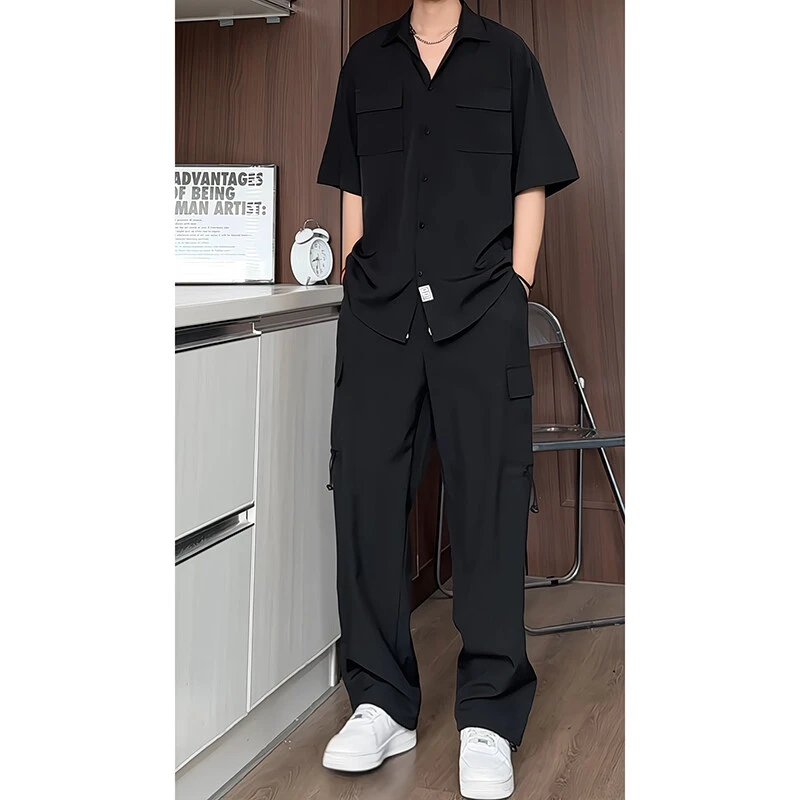 夏季冰丝短袖衬衫休闲裤套装男士宽松纯色两件套潮流百搭衬衣长裤