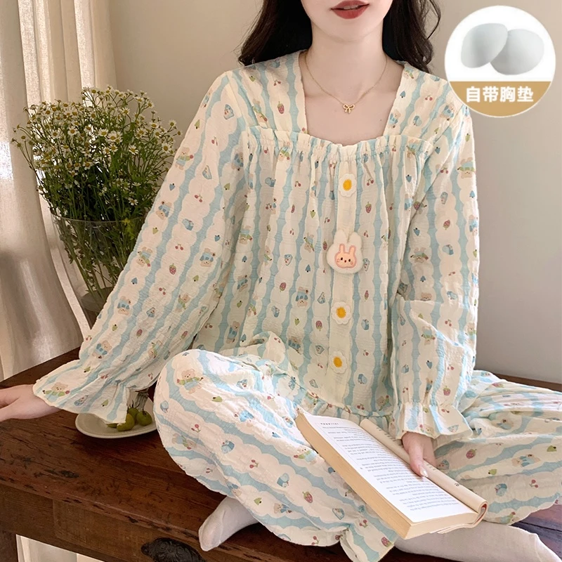 带胸垫可外穿睡衣女款爆款2025新款春秋长袖网红高颜值家居服套装