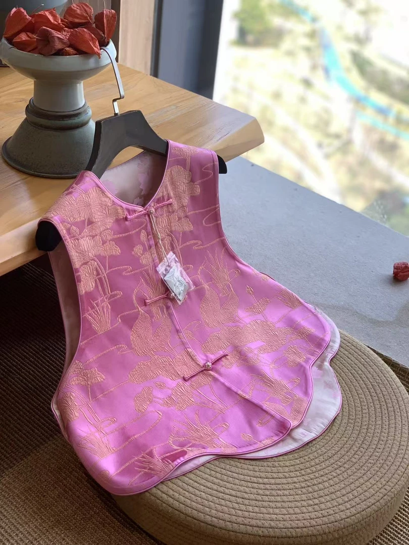 天恩优选【鹤栖荷梦】 甜美粉色中国风新中式无袖圆领两面可穿马甲