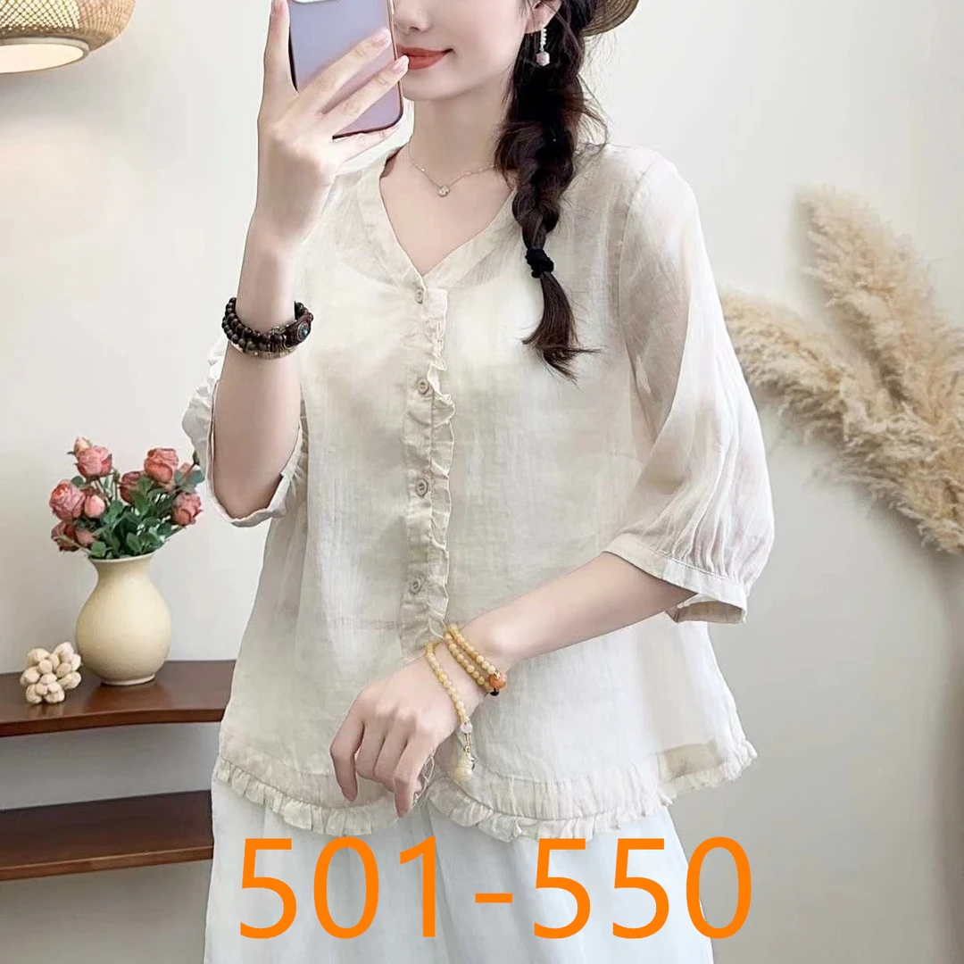 【501-550】夏季新款原创高品质苎麻显瘦女装立领衬衫上衣