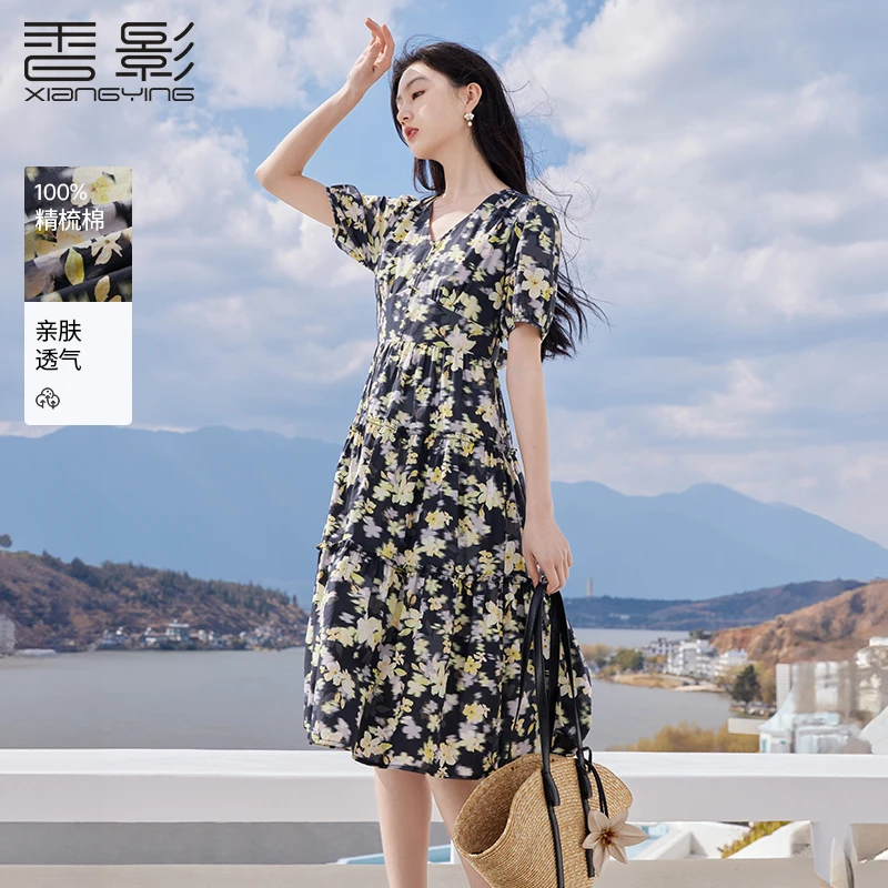 L85S054连衣裙 香影碎花v领连衣裙女夏装新款裙子气质高腰泡泡